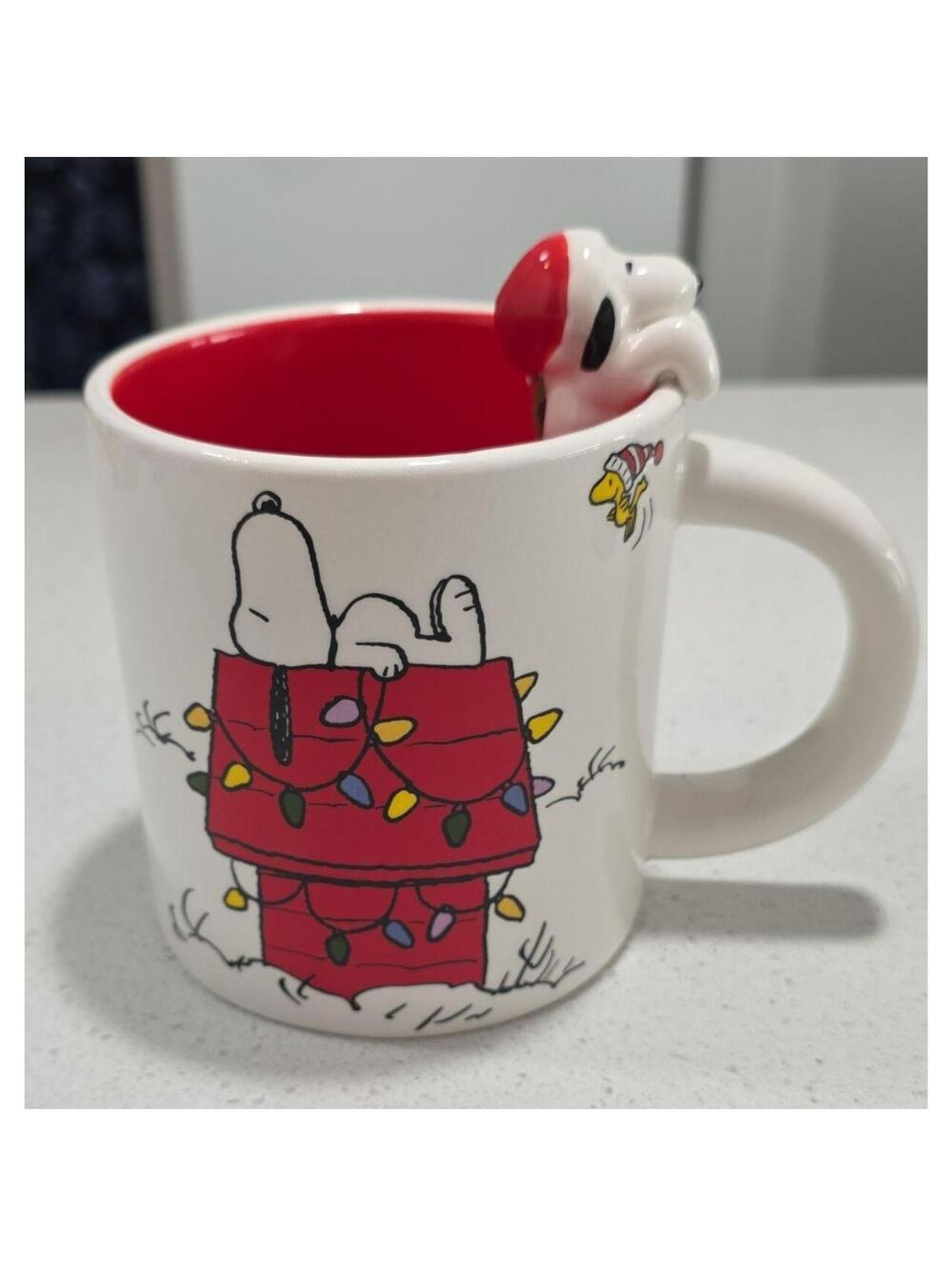 Zrike Brands Peanuts Snoopy & Woodstock Christmas Ceramic Mug, Red Interior